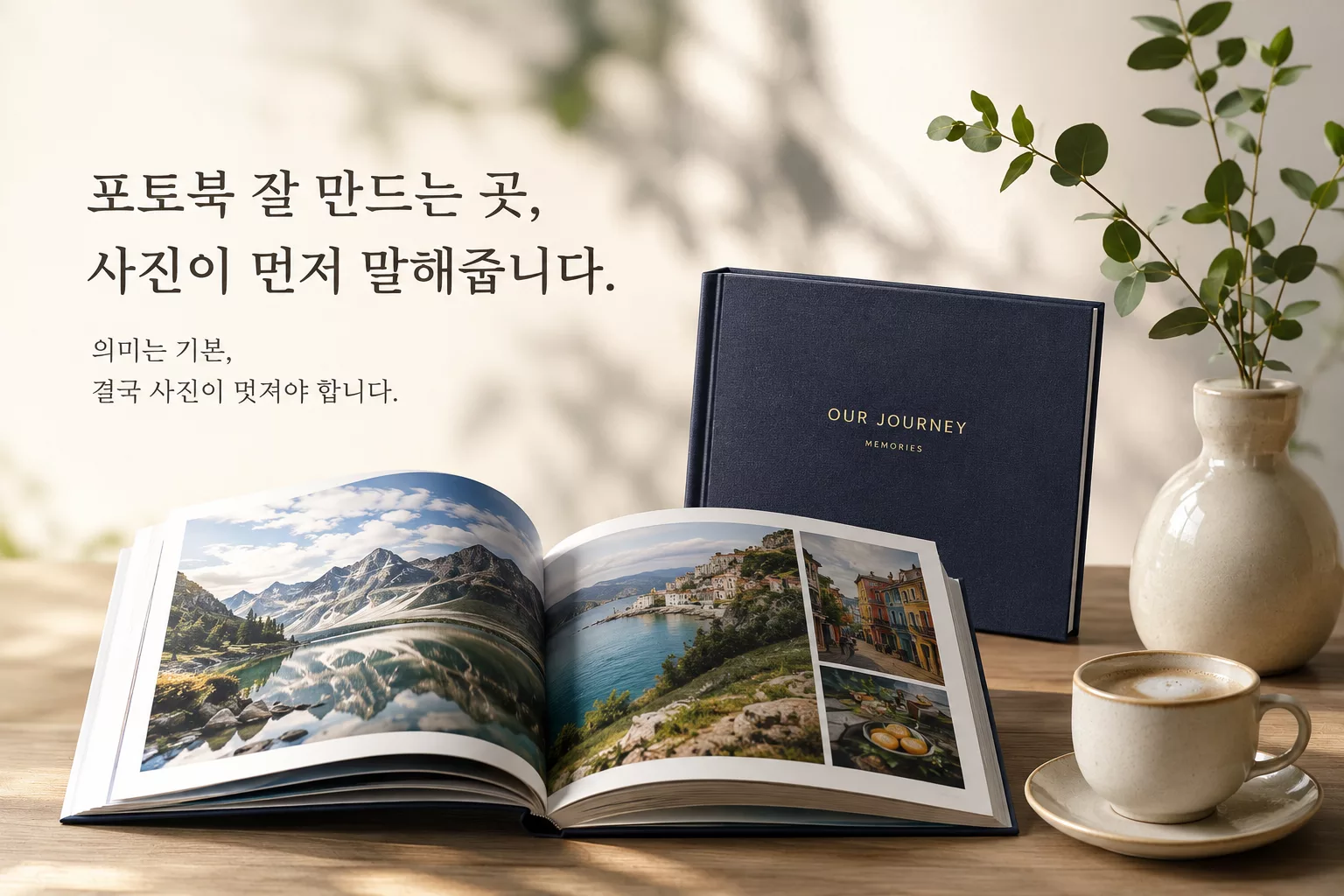 고급스러운 여행 포토북을 펼쳐 놓고 인쇄 품질과 디자인 완성도를 확인하는 모습