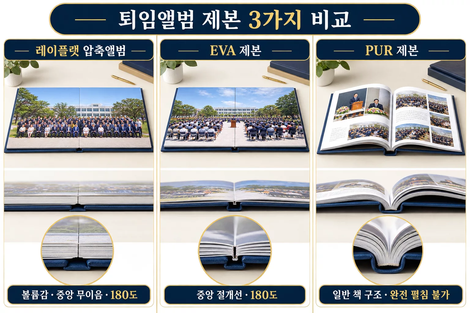 퇴임앨범 레이플랫 압축앨범·EVA 제본·PUR 제본의 펼침 구조를 3칸으로 비교한 이미지