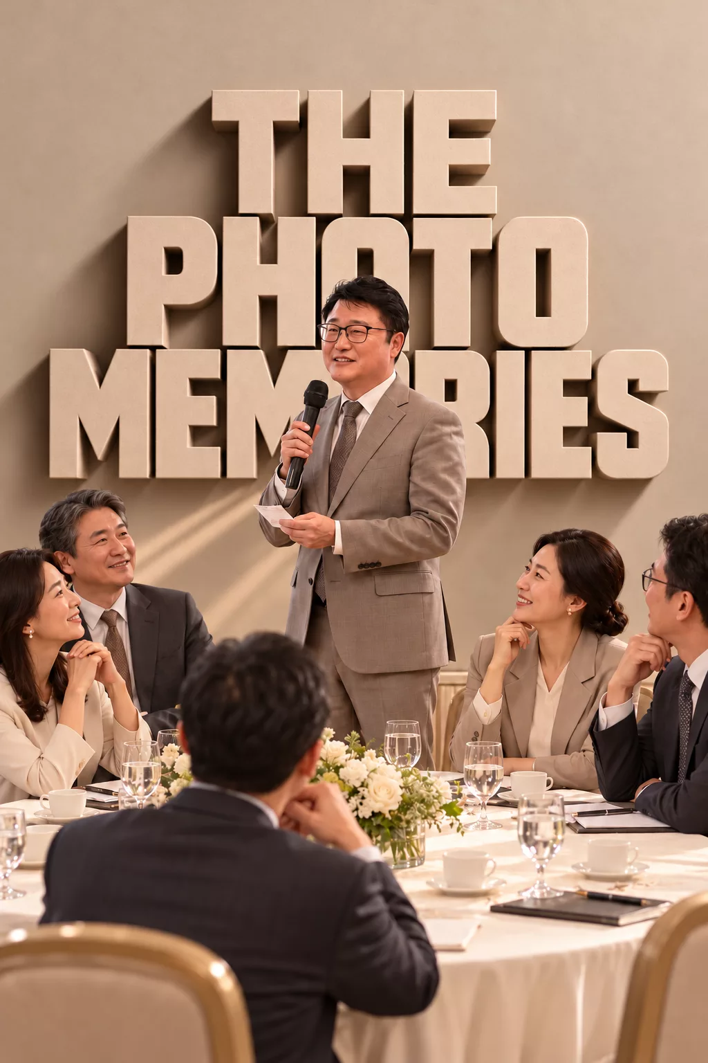 기업행사에서 마이크로 인사말을 전하는 남성과 테이블에 둘러앉은 참석자들