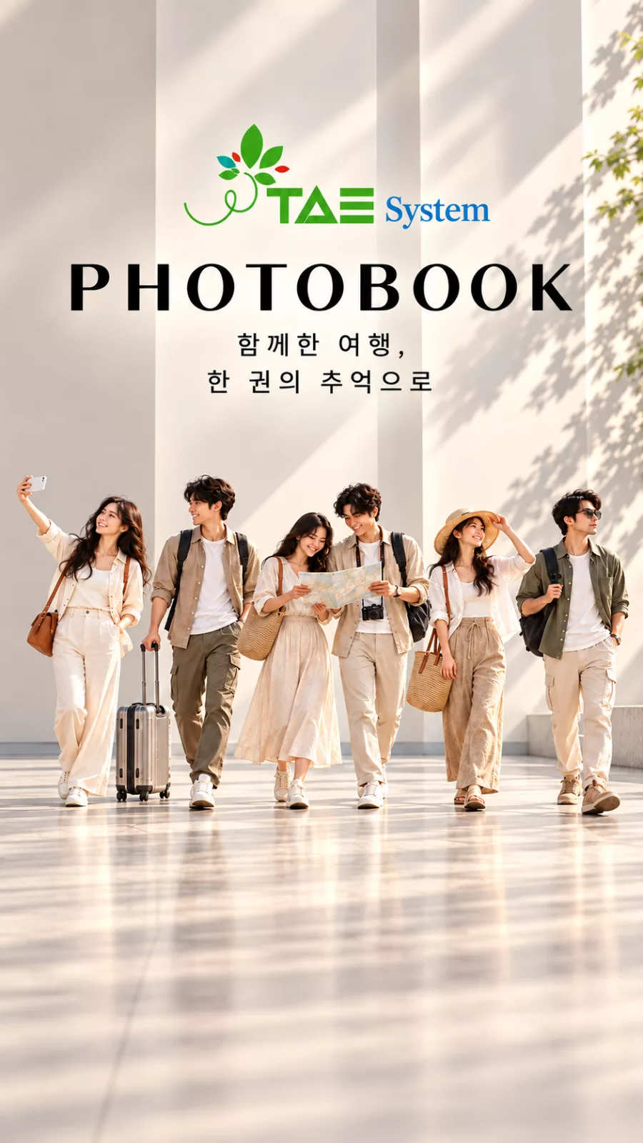 남녀 여행객 6명과 함께한 여행, 한 권의 추억으로 문구가 담긴 태시스템 여행포토북 이미지