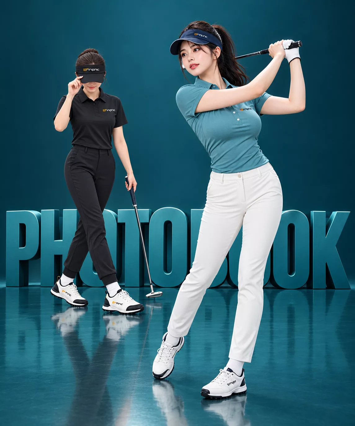 청록색 PHOTOBOOK 입체 조형물 앞에서 골프 스윙과 포즈를 취한 두 여성의 골프 포토북 홍보 이미지