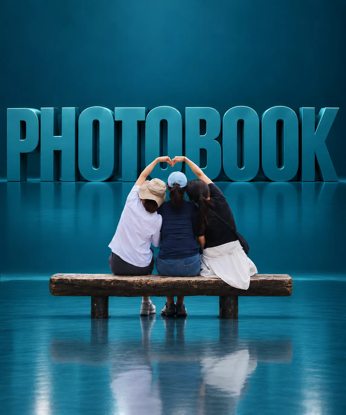 청록색 PHOTOBOOK 조형물 앞 벤치에 등을 보이고 앉아 머리 위로 하트를 만드는 세 사람의 여행포토북 홍보 이미지