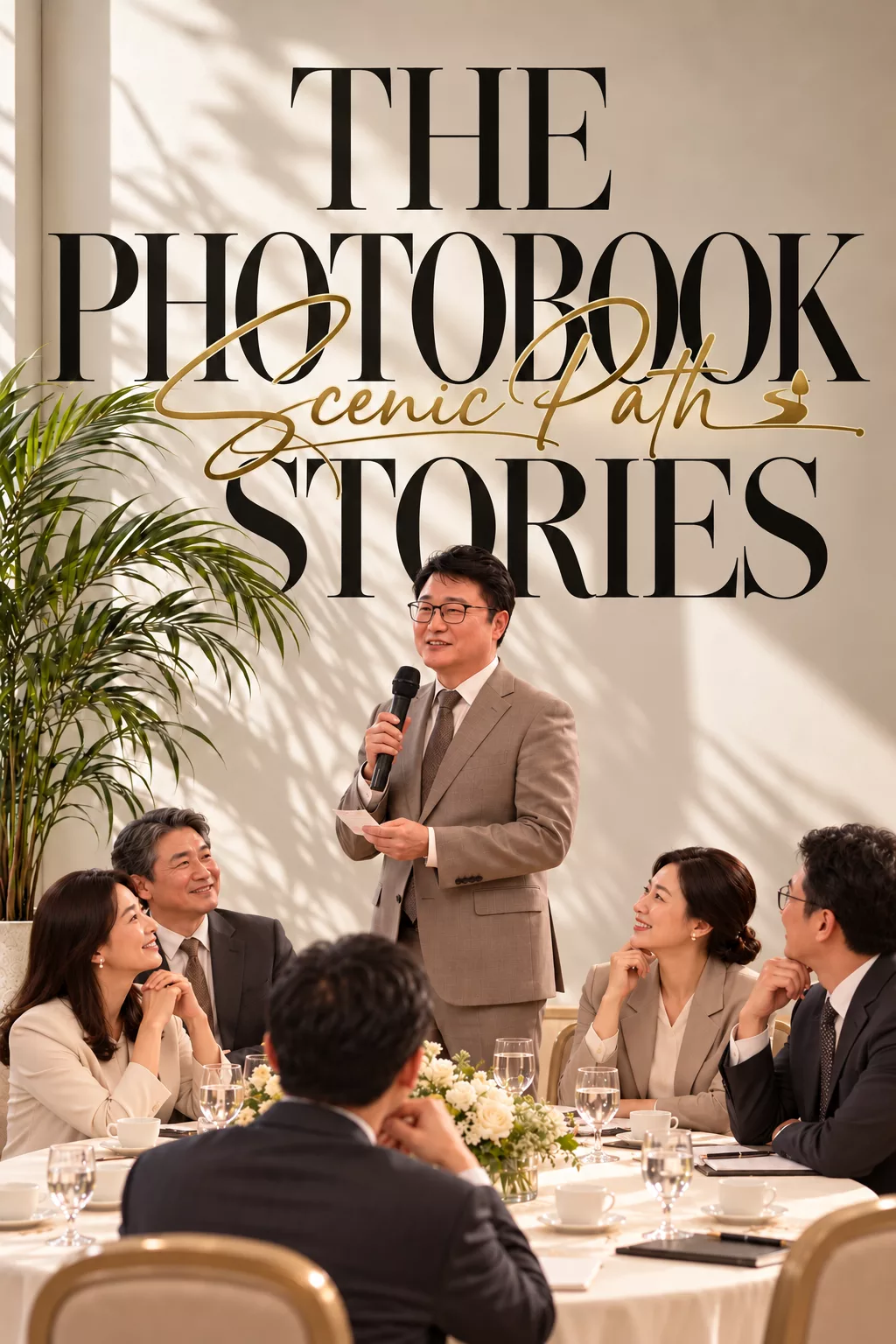 베이지색 포토북 홍보 배경 앞에서 마이크를 든 남성과 테이블에 둘러앉아 경청하는 기업행사 참석자들