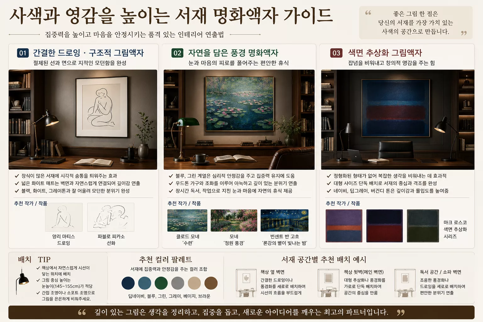 집중력과 사색을 높이는 서재용 드로잉·풍경 명화·색면 추상화 액자 선택 가이드입니다.