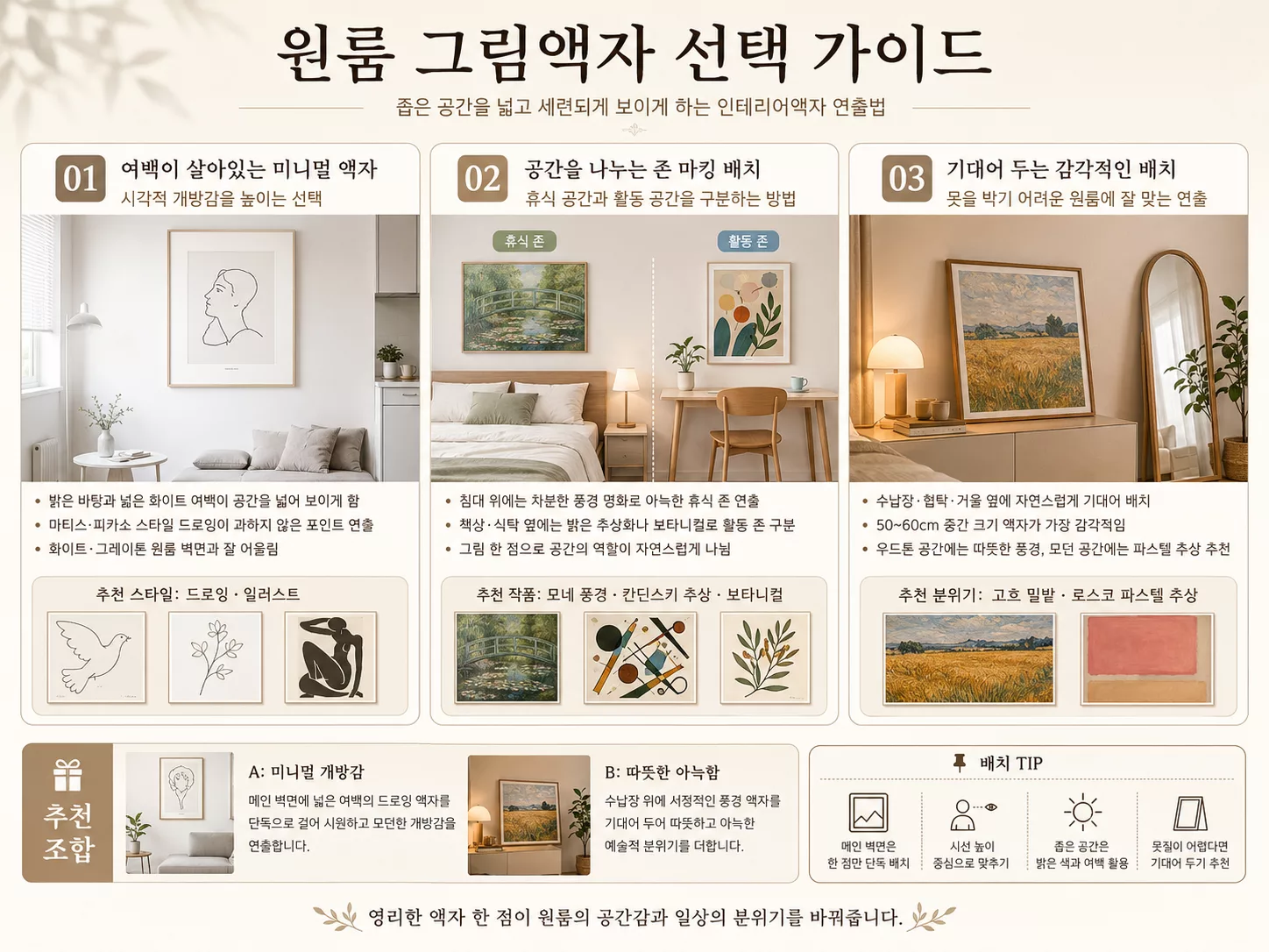 알트태그: 원룸을 넓고 세련되게 연출하는 미니멀 드로잉, 공간 분리용 풍경화, 기대어 두는 그림액자 선택 가이드