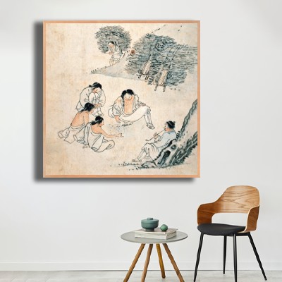 동양화 김홍도 / 고누 놀이 의자와 함께 연출한 실내 명화액자 배치 이미지