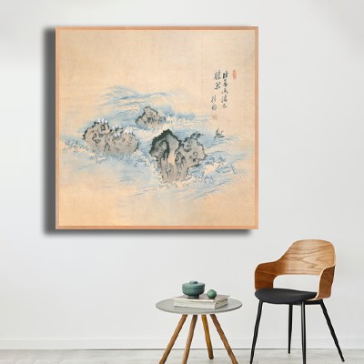 동양화 김홍도 / 창해낭구(滄海浪鷗) 의자와 함께 연출한 실내 명화액자 배치 이미지