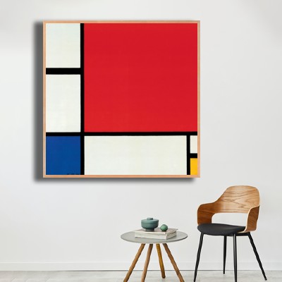피에트 몬드리안  Composition with Red Blue Yellow 의자와 함께 연출한 실내 명화액자 배치 이미지