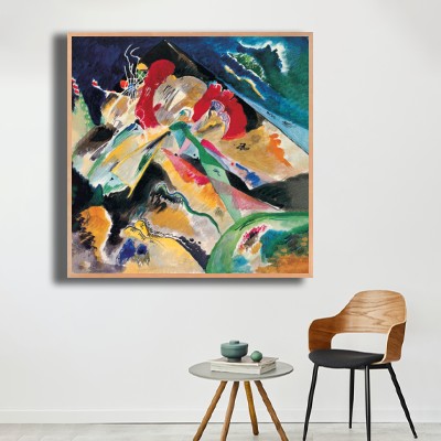 바실리 칸딘스키 컬러 선 추상 그림 의자와 함께 연출한 실내 명화액자 배치 이미지