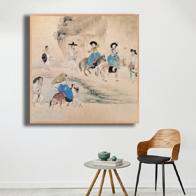 동양화 신윤복 / 연소답청 의자와 함께 연출한 실내 명화액자 배치 이미지