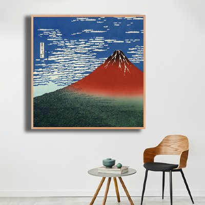 가쓰시카 호쿠사이 후지산 풍경 그림 의자와 함께 연출한 실내 명화액자 배치 이미지