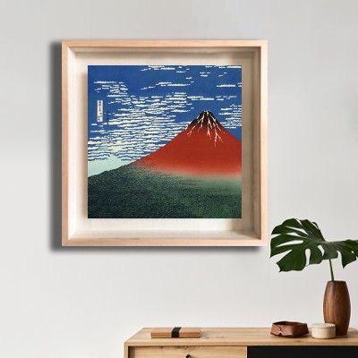 가쓰시카 호쿠사이 후지산 풍경 그림 미니멀한 선반 공간에 배치한 명화액자 연출 이미지