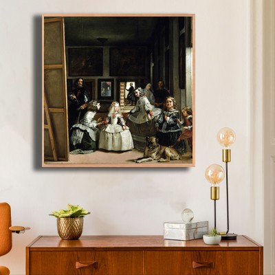 디에고 벨라스케스 시녀들 (Las Meninas) 원목 수납장 위에 배치한 명화액자 공간 연출 이미지